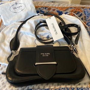 PRADA Black calfskin leather saddle bag silver hardware